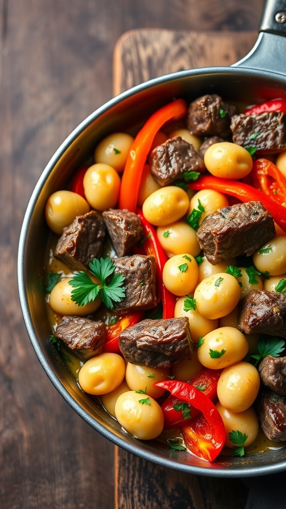 Savory Steak Gnocchi Skillet Recipe A hearty skillet of steak gnocchi with bell peppers in creamy sauce, garnished with parsley, on a rustic table.
